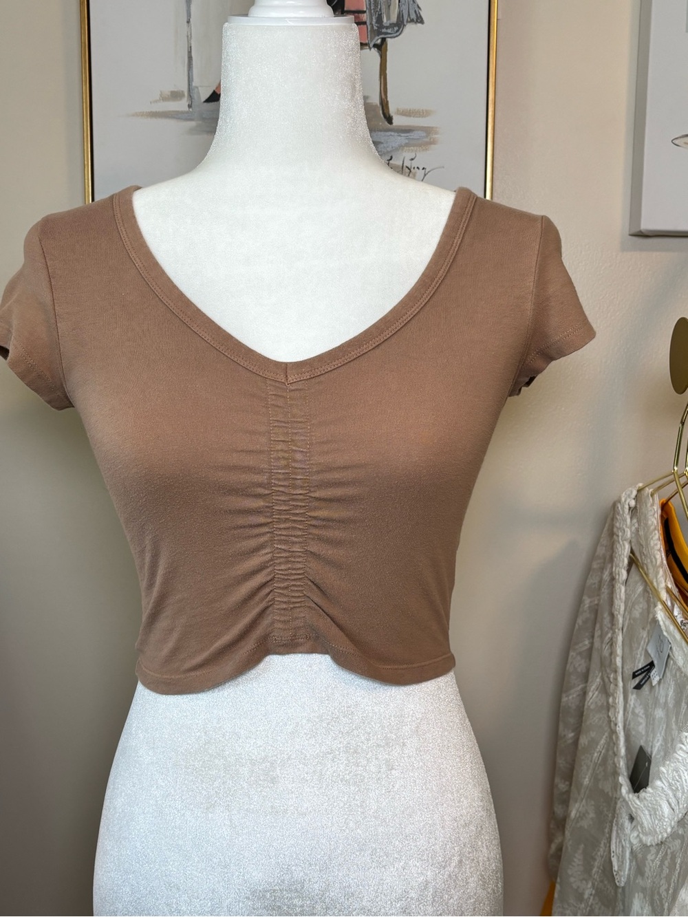 American Eagle Women’s Ruched V-Neck Crop Top - Brown xs